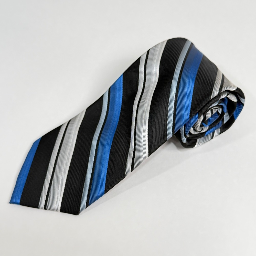 David Taylor Collection Mens 100% Silk Tie Blue Black Silver Diagonal Stripe